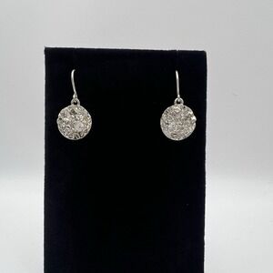 Vintage Signed Silver Tone Dangle Earrings Textured Round Disc Rhinestone Accent